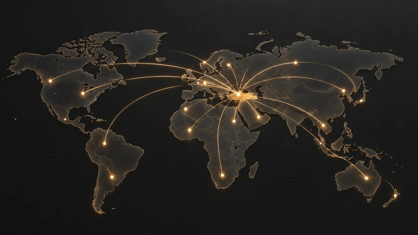 World map on a dark background with golden glowing lines running across the continents